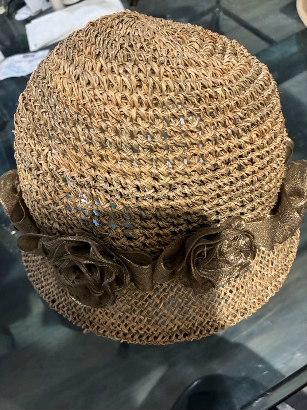 Beige Straw Cloche Hat With Decorative Rosette Trim View 3